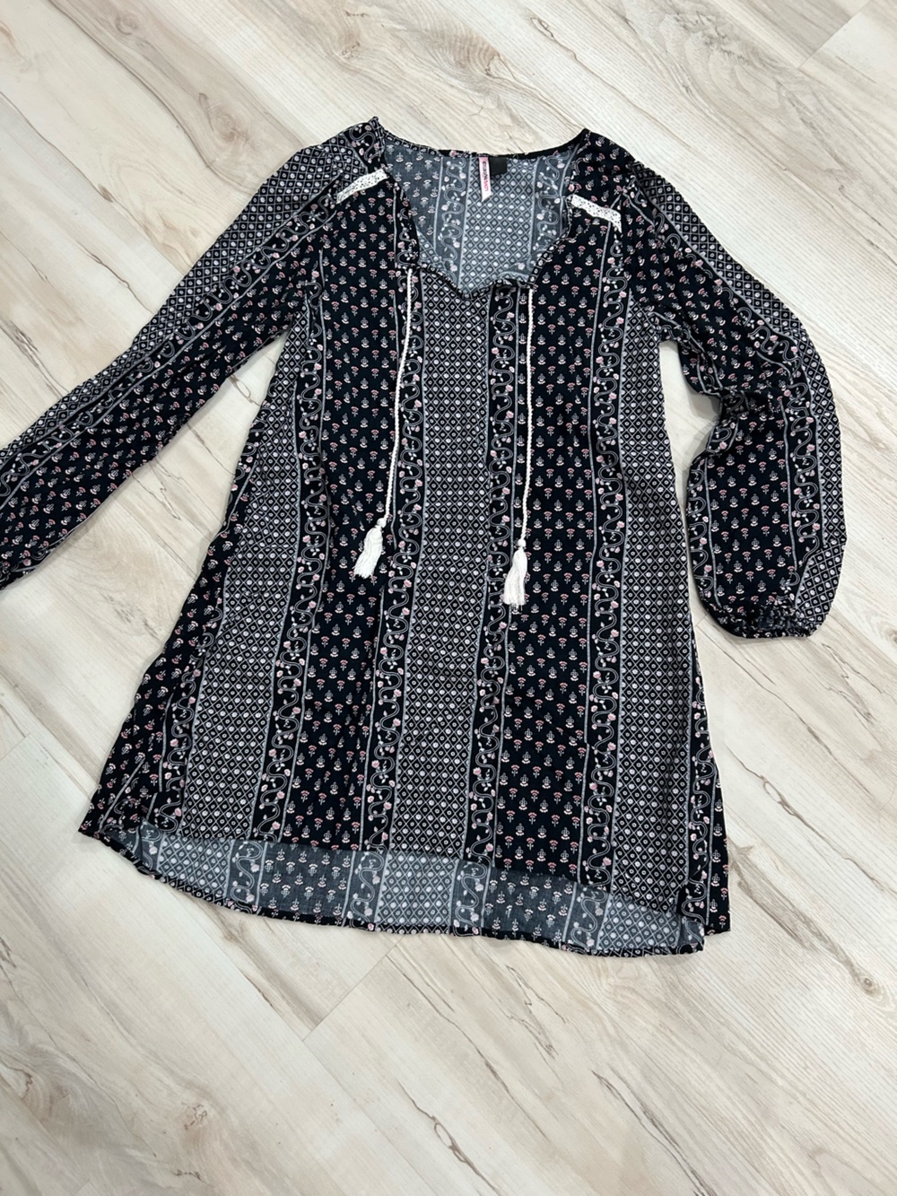 Love By Design Black Dress with Pink Pattern and Tassel Tie